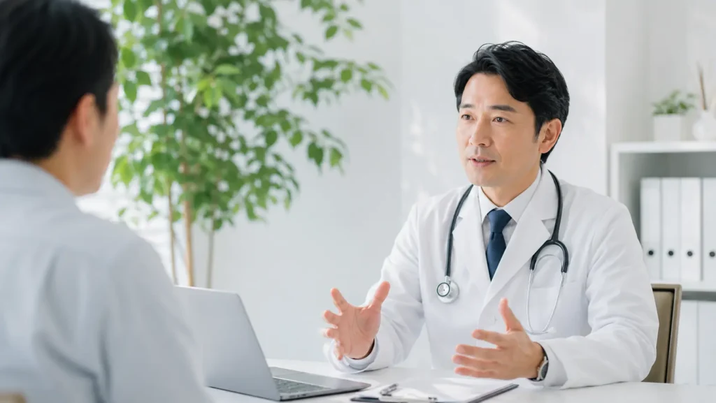 医療法人とは何かについて説明を受けるクリニック院長の画像