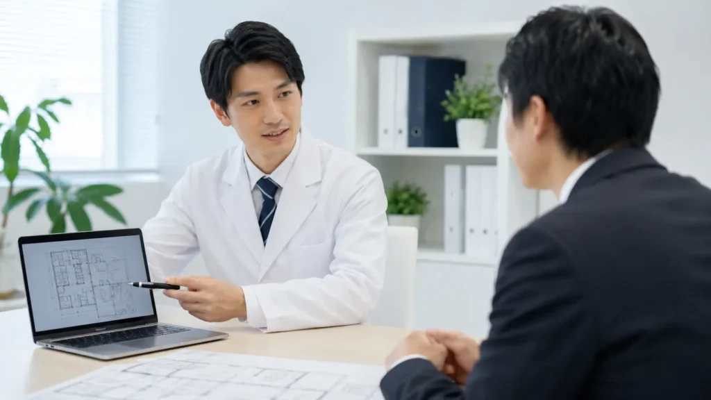 クリニックの院長が開業コンサルタントと打ち合わせをする様子