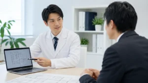 クリニックの院長が開業コンサルタントと打ち合わせをする様子