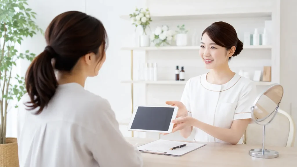 美容クリニックの集客方法を試し、受付で口コミをお願いしている様子