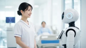 看護師とAIが手を取り合っている写真